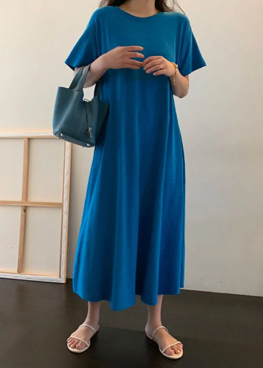 Plus Size Blue Pockets Cotton Long Dress Short Sleeve Trendy Plus Size Gown