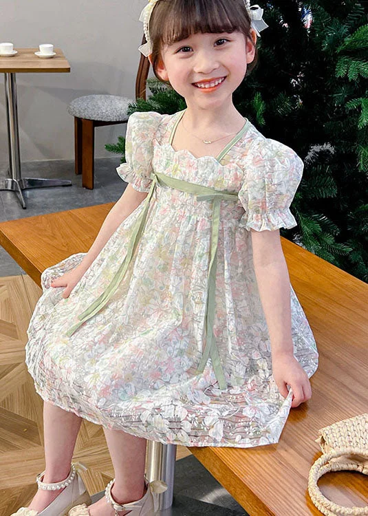 Cute Light Green Print Patchwork Tulle Kids Girls Dresses Summer Long Sleeve Tulle