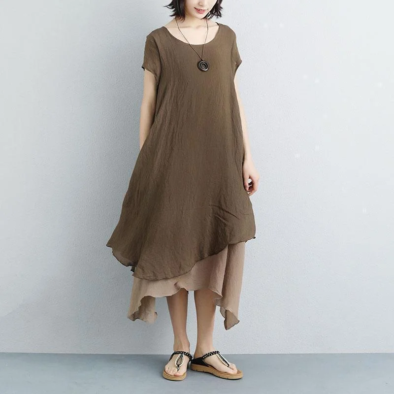 fine long cotton dresses plus size False Two-piece Short Sleeve Chocolate Plain Dress Plus Size Skater