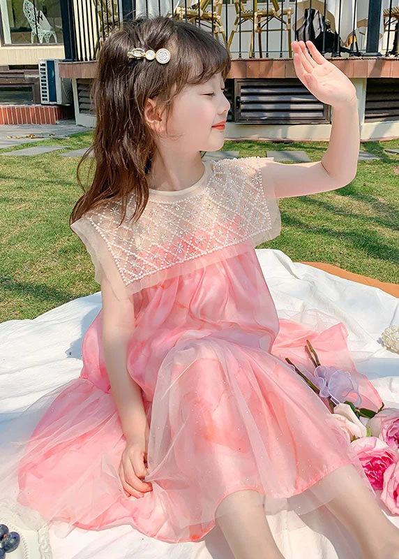 Stylish Pink Nail Bead Wrinkled Patchwork Tulle Kids Girls Dress Summer Short Tulle Dress