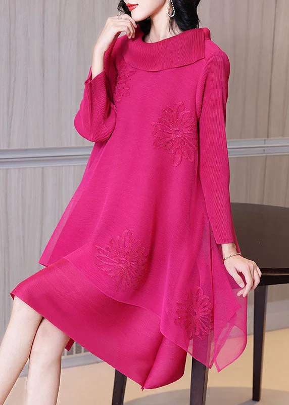 Women Rose Asymmetrical Patchwork Nail Bead Tulle Vacation Long Dresses Long Sleeve Tiered Tulle Dress