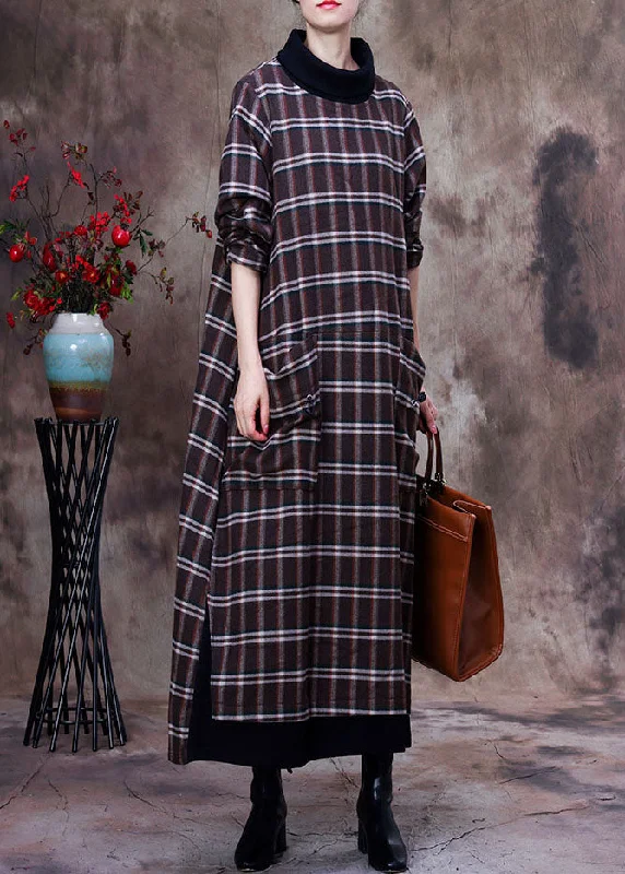 Plus Size Khaki Plaid Pockets Cotton Robe Dresses Spring Plus Size Fit-and-flare