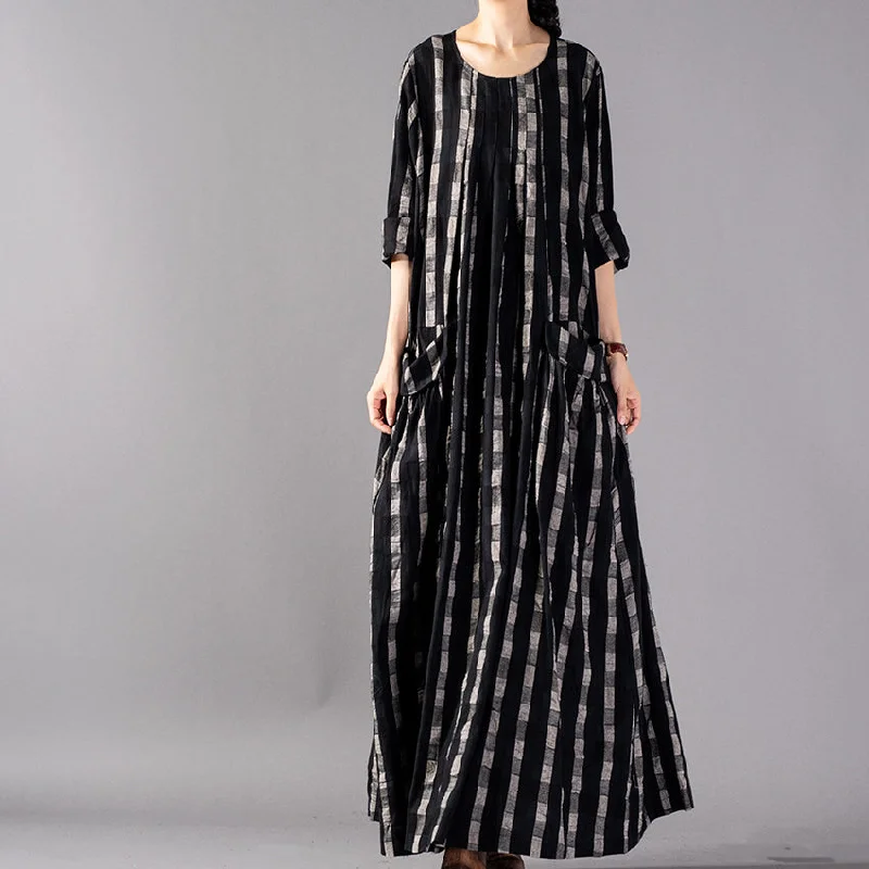 New black Plaid plus size clothing o neck baggy fall dresses 2018 pockets maxi dresses Formal Plus Gown