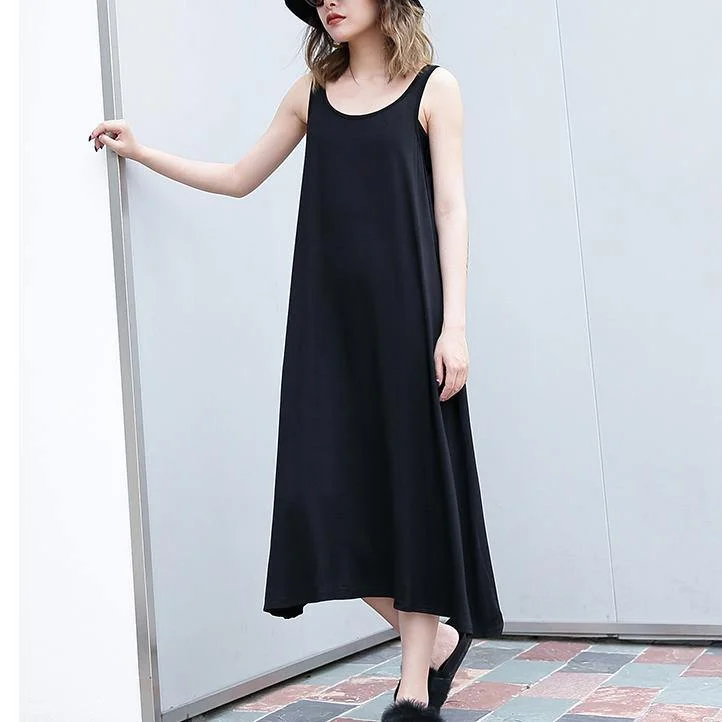 2024 black long cotton dress trendy plus size sleeveless caftans Elegant wild dress Plus Size Mesh