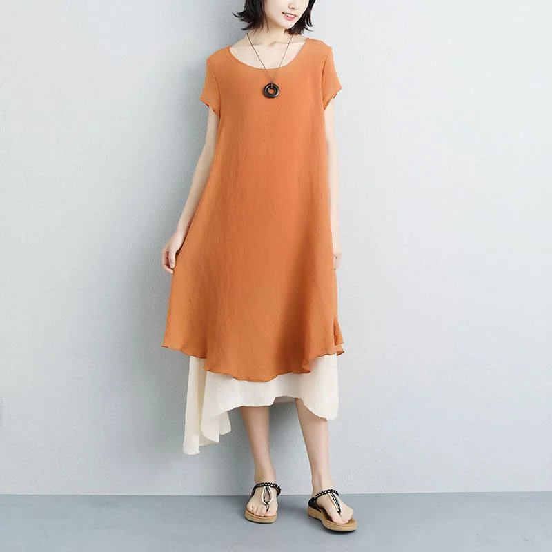 fashion linen sundress plus size False Two-piece Short Sleeve Orange Plain Dress Plus Size Boho