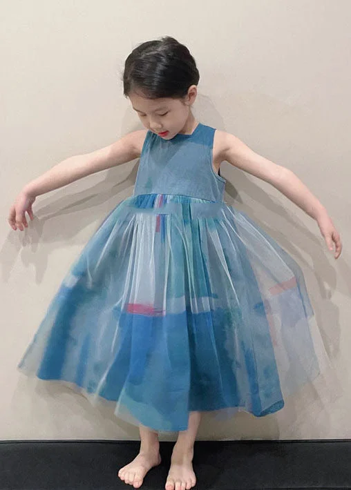 Art Peacock Blue O Neck Wrinkled Patchwork Tulle Kids Girls Long Dress Sleeveless Pleated Tulle Dress