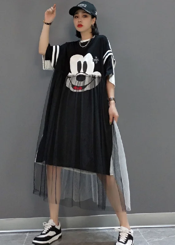 Handmade Black Tulle Patchwork Dress Short Sleeve Tulle Dress Sparkling