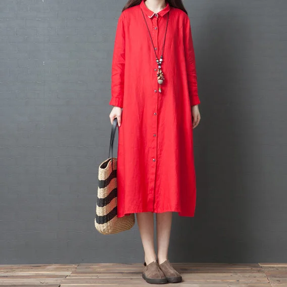 2024 spring new red linen shirt dress casual plus size long sleeve maxi dress Plus Size Ruched