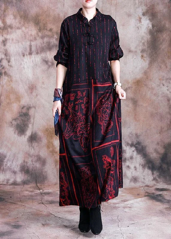 Handmade stand collar wool tunic dress design red prints Plus Size Dress fall Plus Size Slit