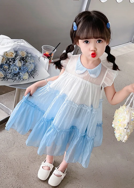 Blue Peter Pan Collar Kids Tulle Long Dresses Summer Tulle Dress Set