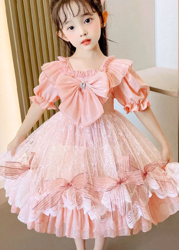 Boutique Pink Ruffled Bow Patchwork Tulle Kids Girls Dress Summer Tulle Dress Occasion