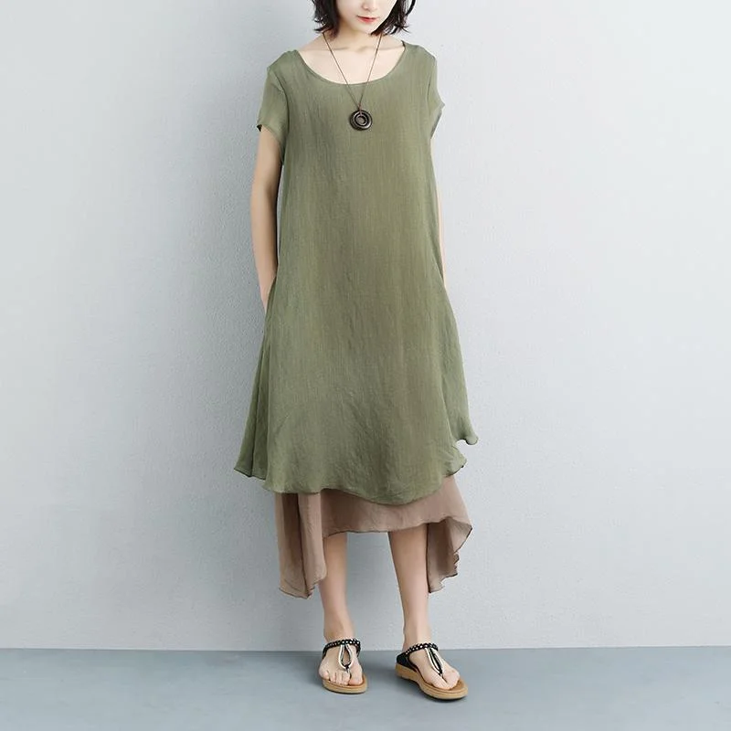 brief cotton gown plus size clothing False Two-piece Short Sleeve Green Plain Dress Plus Size Spaghetti