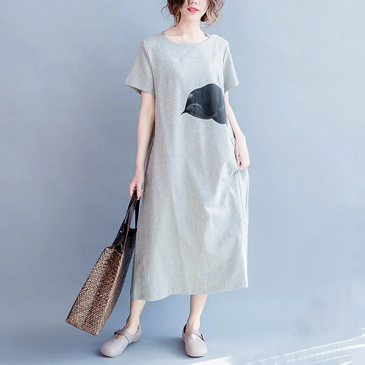 Fine gray cotton dress plus size clothing o neck cotton gown women back side open cotton dress Plus Size Off-shoulder