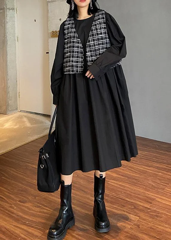 Elegant o neck patchwork plaid clothes Inspiration black Plus Size Dress Flattering Plus Dress