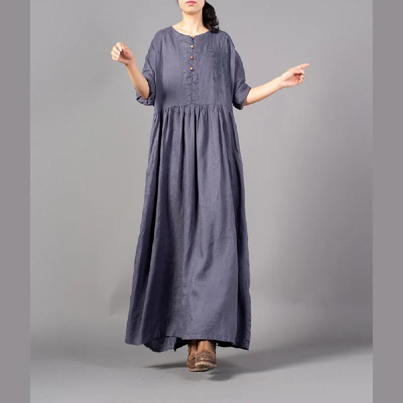 Fine gray embroidery long linen dresses plus size O neck gown 2018 Cinched linen caftans Plus Size Floral