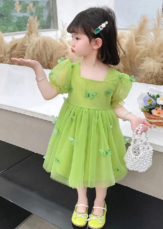 Beautiful Green Square Collar Patchwork Tulle Girls Long Dresses Short Sleeve Tulle Dress Formal