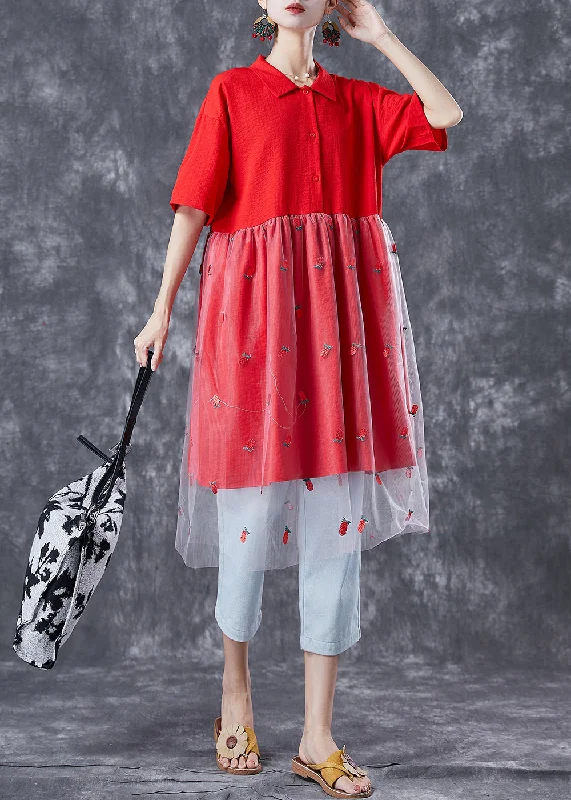 Red Patchwork Tulle Cotton Maxi Dresses Embroideried Summer Tulle Dress Ruffles