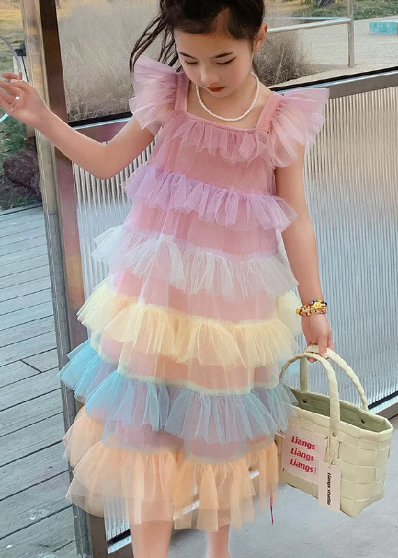 Unique Pink Ruffled Layered Patchwork Tulle Baby Girls Dress Sleeveless Tulle Dress Flare