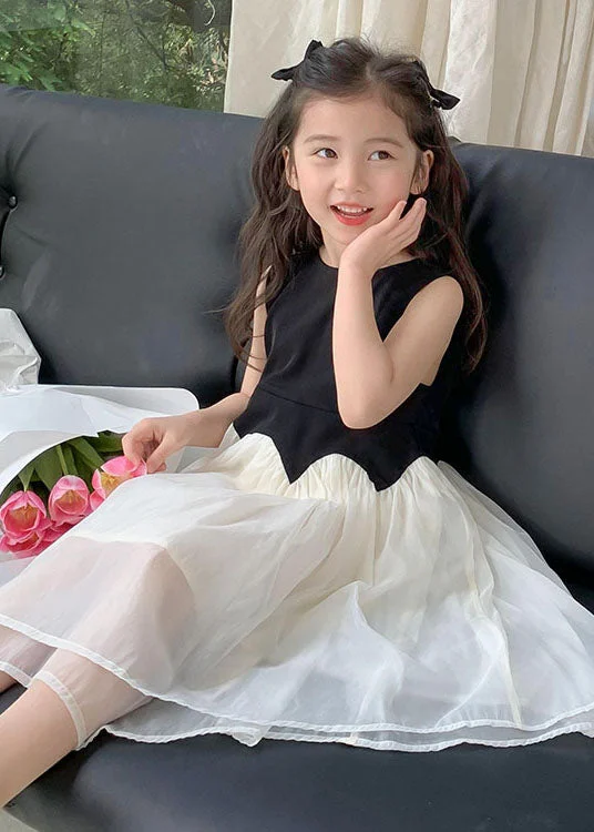 Fine Black O Neck Wrinkled Patchwork Tulle Kids Girls Dress Sleeveless Tulle Dress Layers