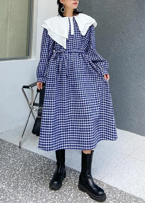 Beautiful Ruffled tie waist cotton fall clothes Outfits blue plaid Plus Size Dress Trendy Plus Size Gown