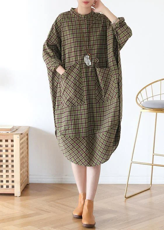 Vivid green plaid quilting clothes pockets Plus Size fall Dress Plus Size Blouse