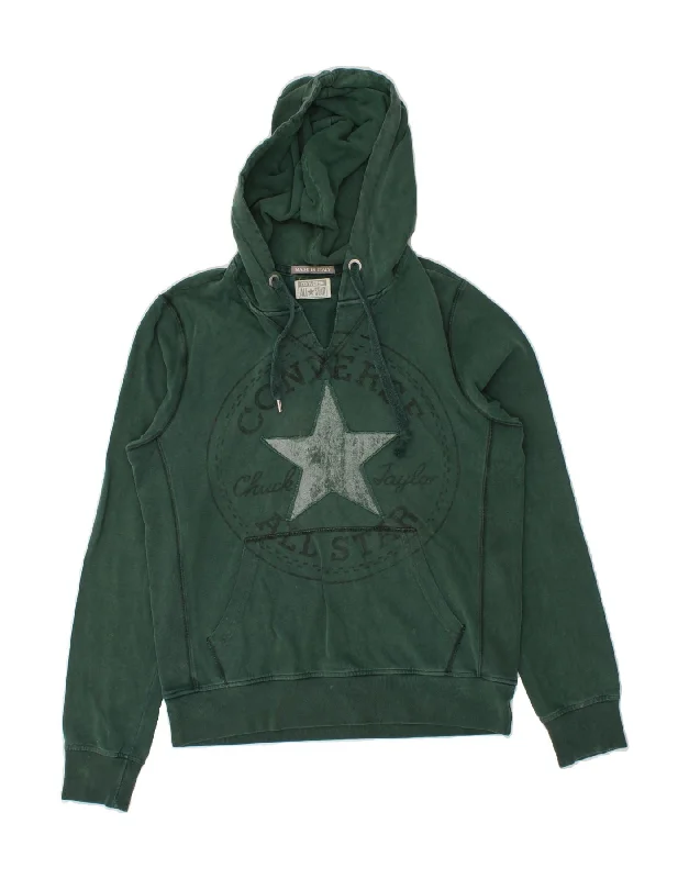 CONVERSE Womens Oversized Graphic Hoodie Jumper UK 10 Small Green Cotton Best everyday sweaters