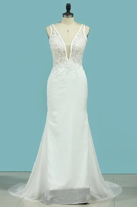 2024 Wedding Dresses Mermaid V Neck Chiffon With Applique PMRHHHHK Lace Train Dress