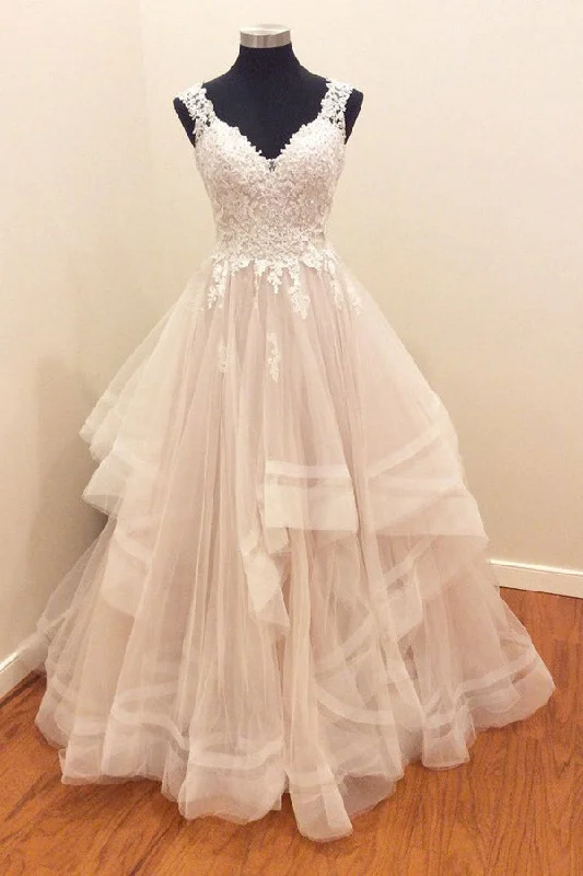 A Line Brush Train Sweetheart Sleeveless Ruffles Appliques Wedding Dresses Wedding Dress Long