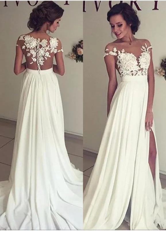 A-Line Chiffon Wedding Dress With Lace Ruffles Side Slit Appliques Lace Back Wedding