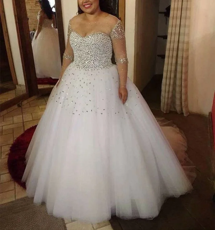 A Line Pearl And Crystal Beaded Long Sleeves Wedding Dresses Full Skirt Gown