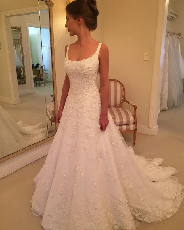 A Line Square Neck Lace Embroidery Wedding Gowns Floral Bridal Gown