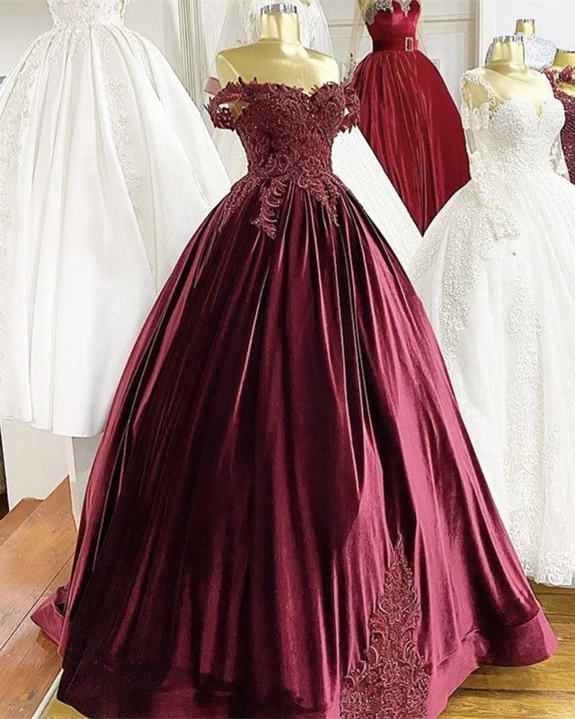 Velvet Ball Gown Wedding Dress Lace Embroidery Off The Shoulder Embroidered Wedding Dress