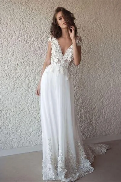 Classy Ivory V-neck Cap Sleeves Long Tulle Lace Beach Wedding Dress Strapless Wedding Gown