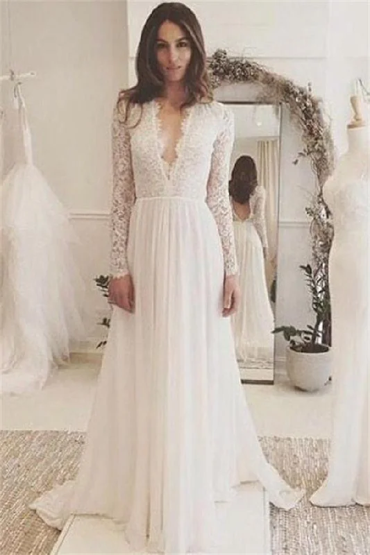 Classy Ivory Deep V-neck Long Sleeves Lace Chiffon Beach Wedding Dress Luxury Wedding Dress