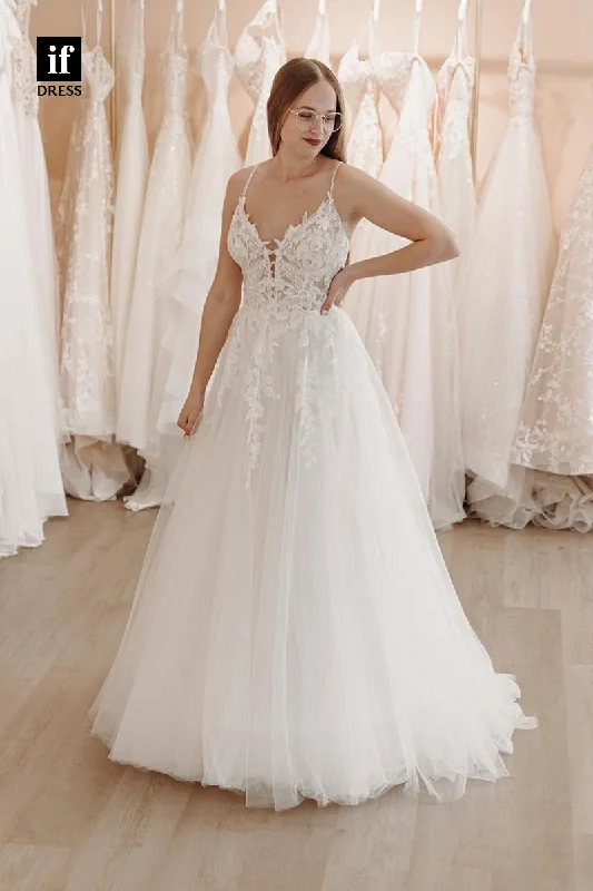 31725 - Romantic Spaghetti Straps V-Neck Boho Wedding Dress Short Wedding Gown