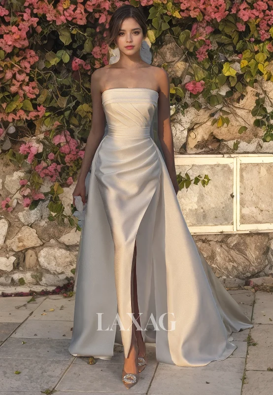 A-Line Strapless Pleated Sleek Satin High Slit Wedding Dress with Train Elegant Bridal Gown