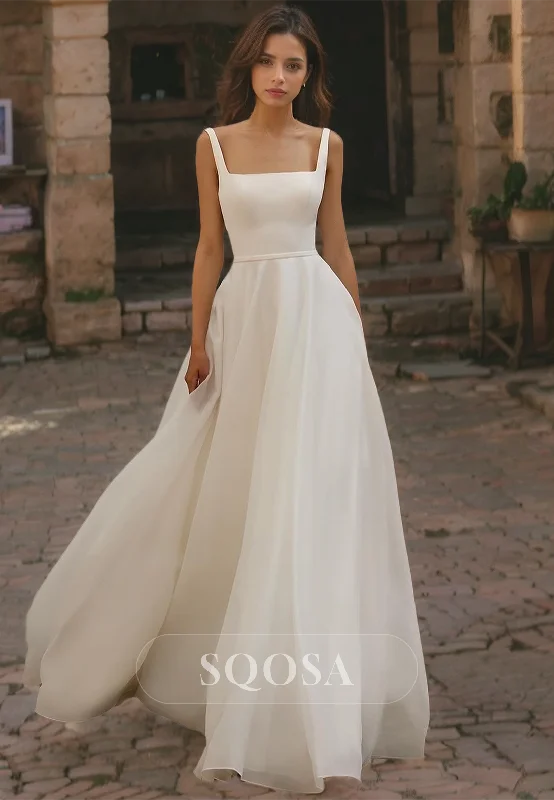 Simple Square-Neck Straps Sleeveless A-Line Chiffon with Sweep Train Beach Wedding Dress Beaded Wedding Gown