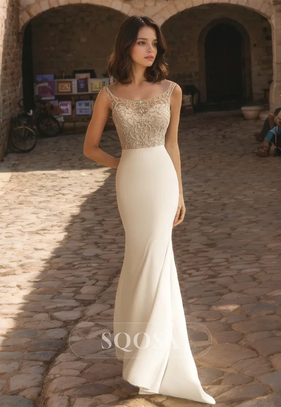 Sweetheart Spaghetti Straps Mermaid Wedding Dress Sleeveless Beaded Sweep Train Bride Gowns Sexy Lace Gown