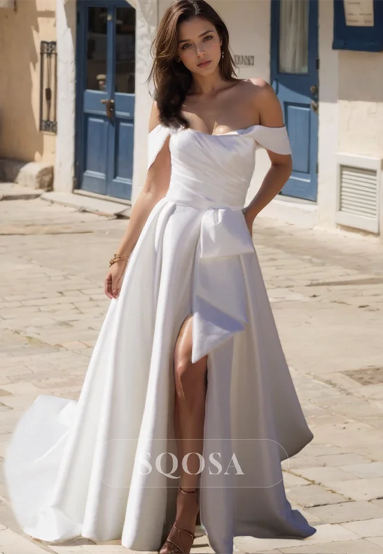 Tube Top Sleeveless Off-Shoulder Pleated High Slit Satin A-Line Wedding Dress with Train Illusion Lace Gown