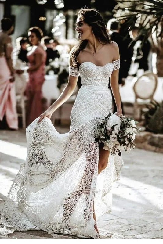 Elegant Sweetheart Long Front Split Lace Boho Wedding Dress Y0226 Elegant Satin Dress