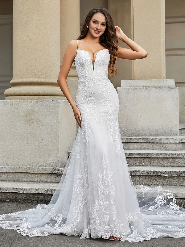 Fish tail lace church trailing wedding dress Ball Gown Wedding