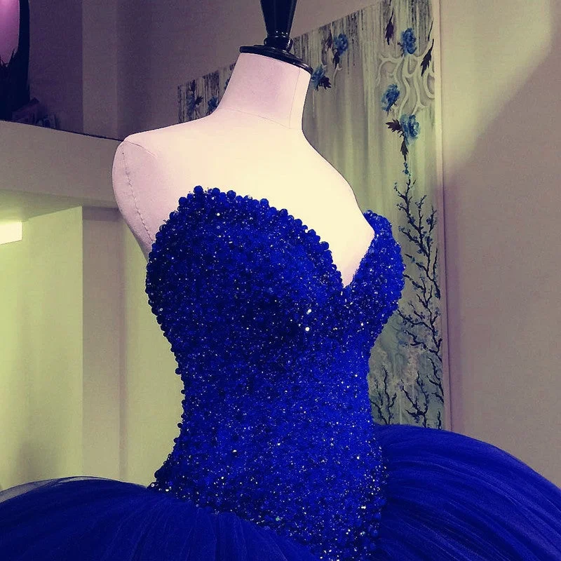 Fully Crystal Beaded Bodice Corset Royal Blue Wedding Dresses Ball Gowns Silk Wedding Gown