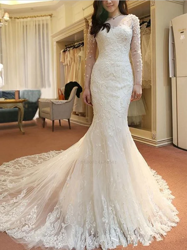 Gorgeous Long Sleeves Sweep Trailing Mermaid Long Wedding Dresses ,MD373 Satin Wedding Dress