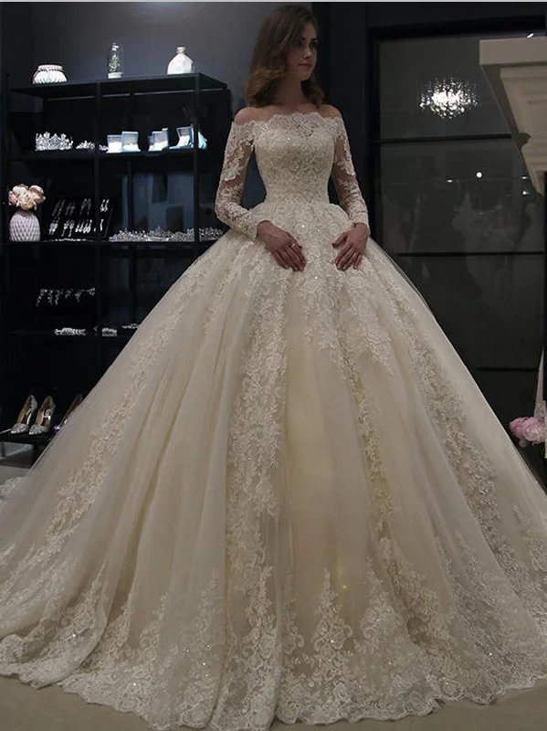 Gorgeous Off The Shoulder Long Sleeves Ball Gown Lace Wedding Dresses ,MD371 Crystal Wedding Dress