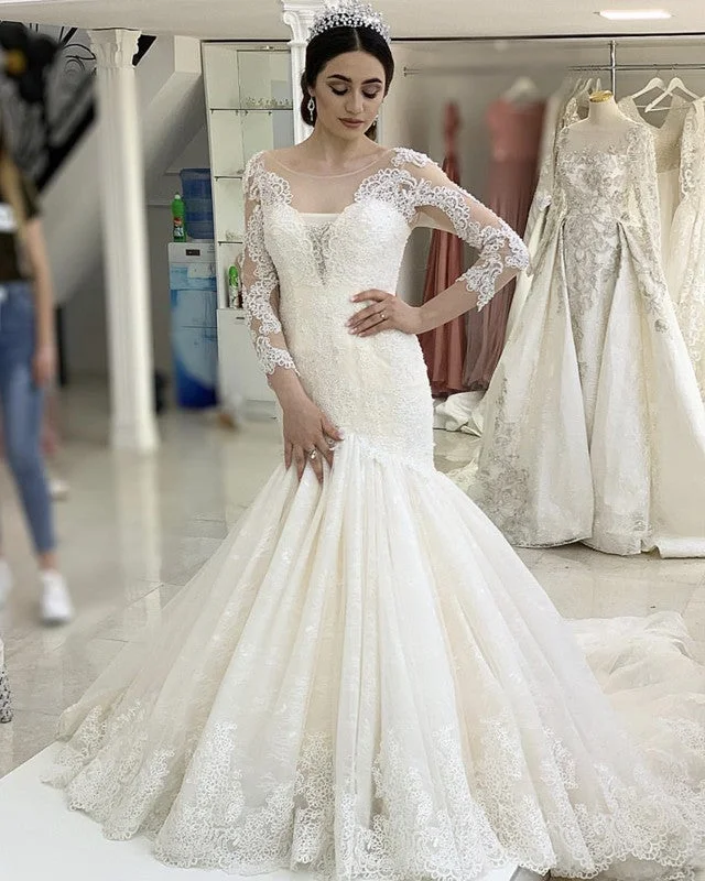 Lace Mermaid Wedding Dresses With 3/4 Sleeves Strapless Bridal Dress