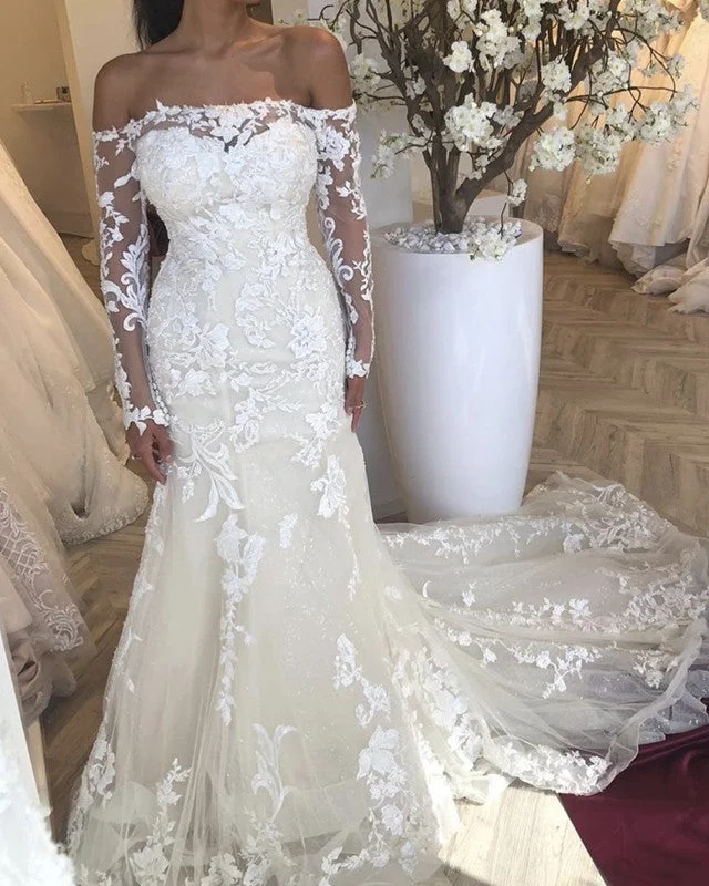 Lace Mermaid Wedding Gowns Off The Shoulder Long Sleeves Lace Wedding Dress