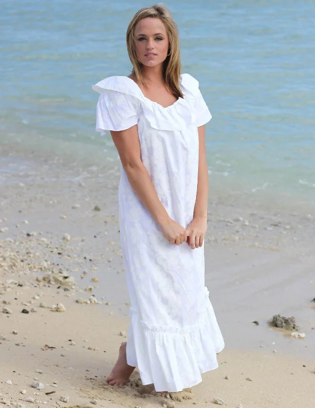 Long Ruffled White Hawaiian Muumuu Dress Silk Bridal Dress