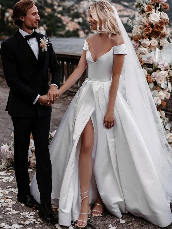 Newest Off-shoulder A-line Side Slit Simple Wedding Dresses. WDS0098 Wedding Dress Style