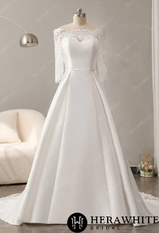 Off The Shoulder Neckline Wedding Dress with Lace Back A-line Bridal Dress