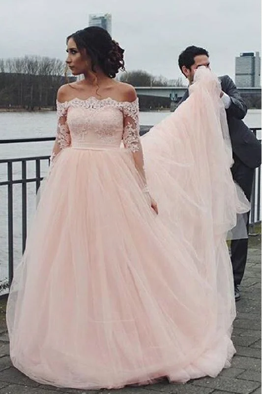 Pink A Line Brush Train Off Shoulder Long Sleeve Lace Wedding Dresses Wedding Dress Style